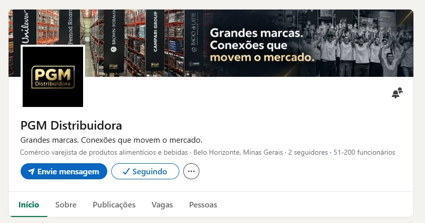 Página da PGM Distribuidora no LinkedIn, com capa, slogan e logo da empresa.
